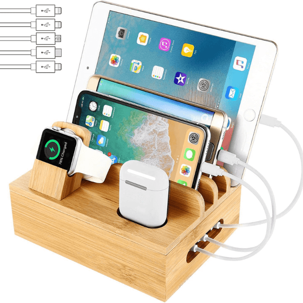 Bamboo Charging Station Dock for 4/5/6 Ports USB Charger with 5 Charging Cables Included, Desktop Docking Station Organizer for Cellphone, Smart Watch, Tablet(No Power Supply)