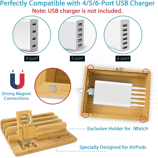 Bamboo Charging Station Dock for 4/5/6 Ports USB Charger with 5 Charging Cables Included, Desktop Docking Station Organizer for Cellphone, Smart Watch, Tablet(No Power Supply)